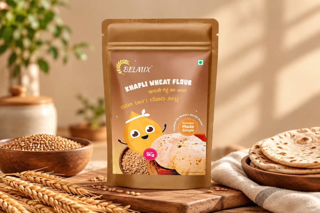 Belmix Khapli Wheat Flour 1 kg — pouch still life with wheat and chapatis
