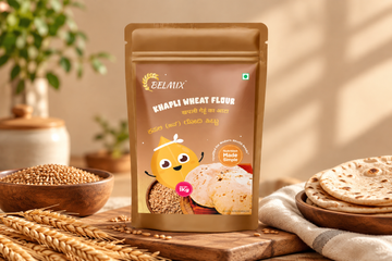 Belmix Khapli Wheat Flour 1 kg — pouch still life with wheat and chapatis