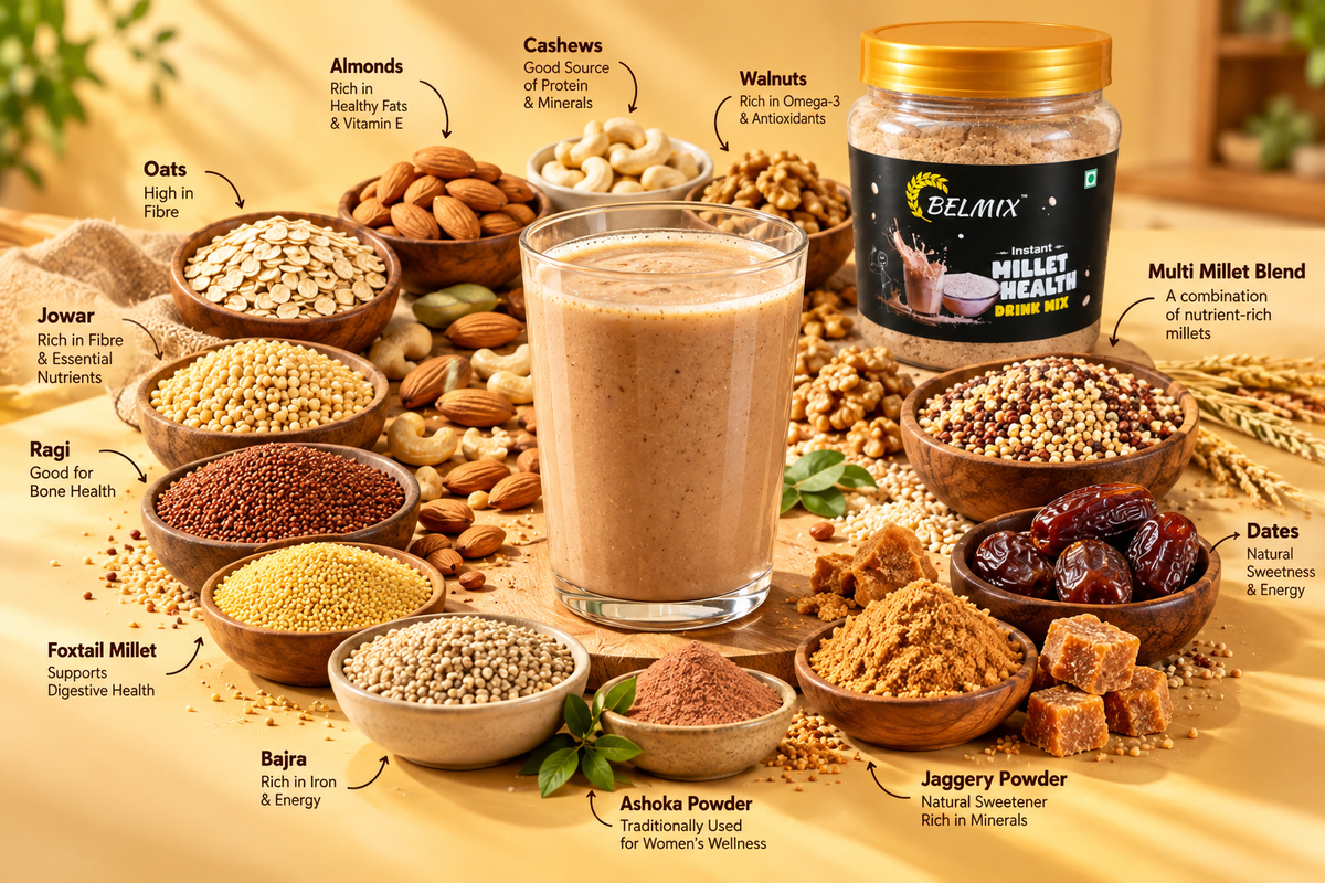 Belmix millet health drink with ingredient showcase